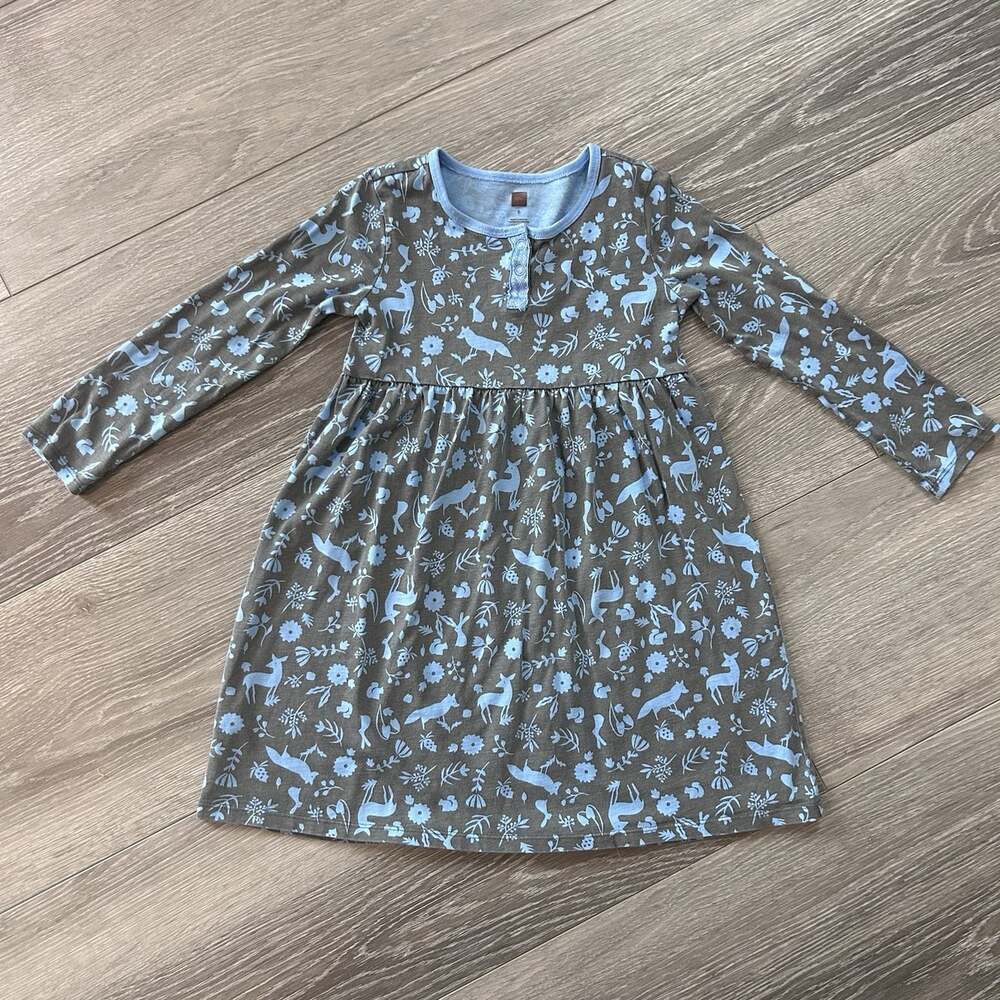 TEA COLLECTION Girl's 6 Sparkle Henley Dress Forest Animals Blue/Gray - Picture 1 of 7